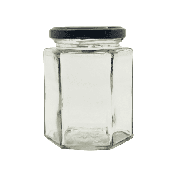 Paquete de 12 Frascos de Vidrio Hexagonal 250ml con Tapa Twist-Off | Ideal para Mermeladas, Conservas y Dulceros | Grado Alimenticio | Tapa Negra