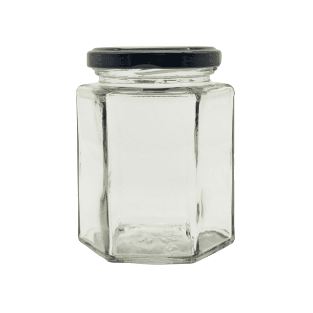 Paquete de 12 Frascos de Vidrio Hexagonal 250ml con Tapa Twist-Off | Ideal para Mermeladas, Conservas y Dulceros | Grado Alimenticio | Tapa Negra