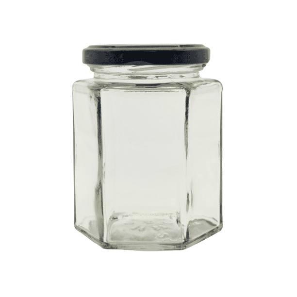 Paquete de 12 Frascos de Vidrio Hexagonal 250ml con Tapa Twist-Off | Ideal para Mermeladas, Conservas y Dulceros | Grado Alimenticio | Tapa Negra