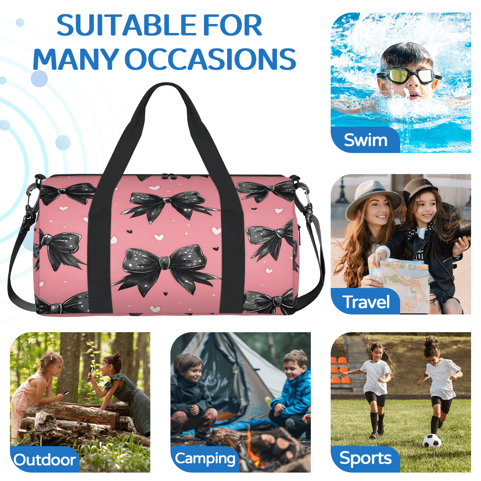 Herdesigns Black Bow Gym Bag for Women, Duffle Bag for Travel Sport, Love Heart Lightweight Waterproof Carry on Weekender Dance Yoga Workout Bags