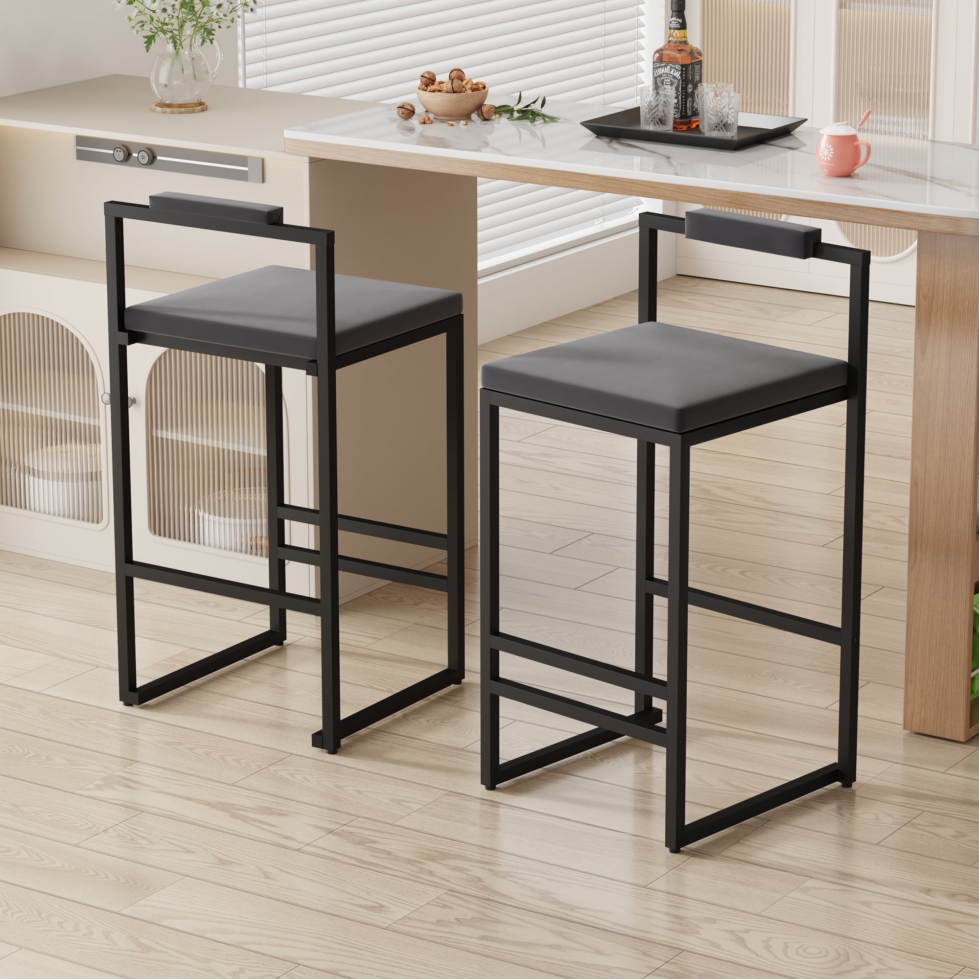 Upholstered Velvet Bar Stools Set of 2 Counter Height with Low Back and Footrest Gray Fabric and Black Metal Frame for Kitchen Island