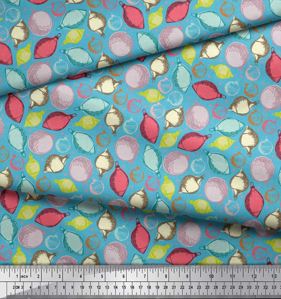 Soimoi Blue Rayon Crepe Fabric Dot & Ornaments Christmas Decor Fabric Printed Yard 46 Inch Wide