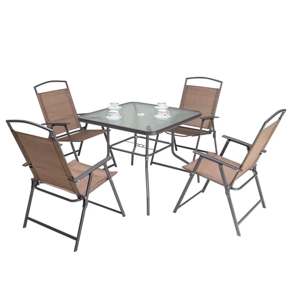 Crestlive Products 5 Pcs Metal & Glass Patio Dining Set with Umbrella Hole in Brown