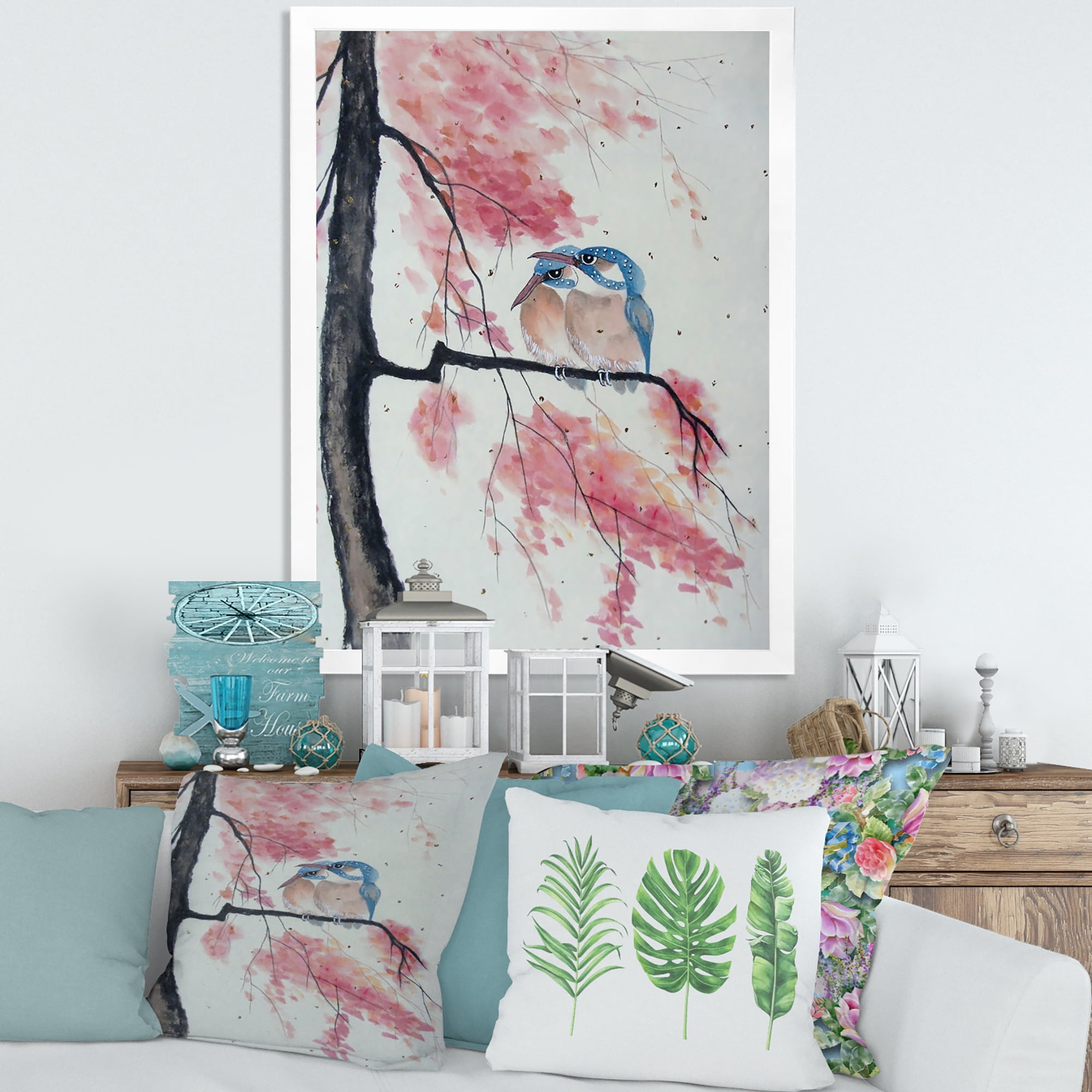 Two Blue Kingfisher Birds Sitting On A Flowering Branch 30 in x 40 in Framed Painting Canvas Art Print, by Designart