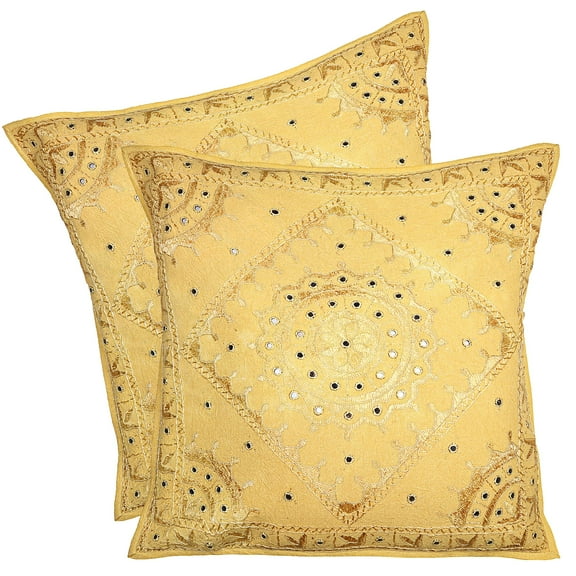 Stylo Culture Ethnic Couch Throw Pillow Covers 24x24 Large Hand Embroidered Mustard Yellow Bohemian 60cm x 60cm Home Decor Cotton Mirrored Square Cushion Covers | Set Of 2