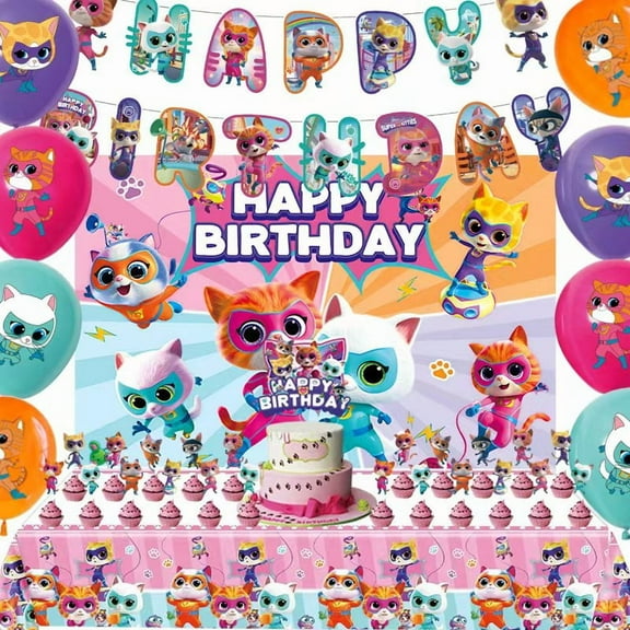 Super Kitties Birthday Party Supplies, Party Decorations Set Include Banner, Backdrop, Balloons, Cake Cupcake Toppers, Tablecloth for Super KittiesTheme Party