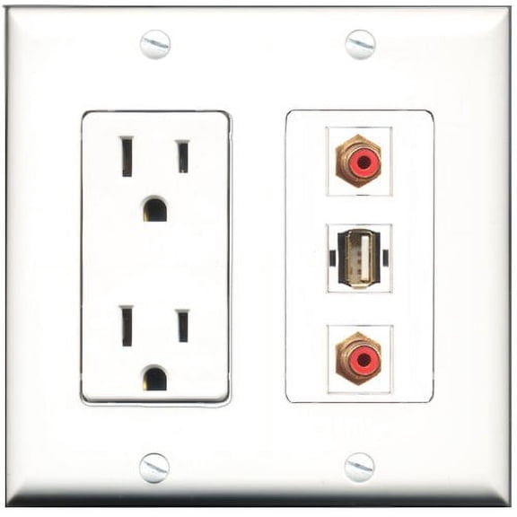 RiteAV - 15 Amp Power Outlet 2 Port RCA Red 1 Port USB A-A Decorative Wall Plate