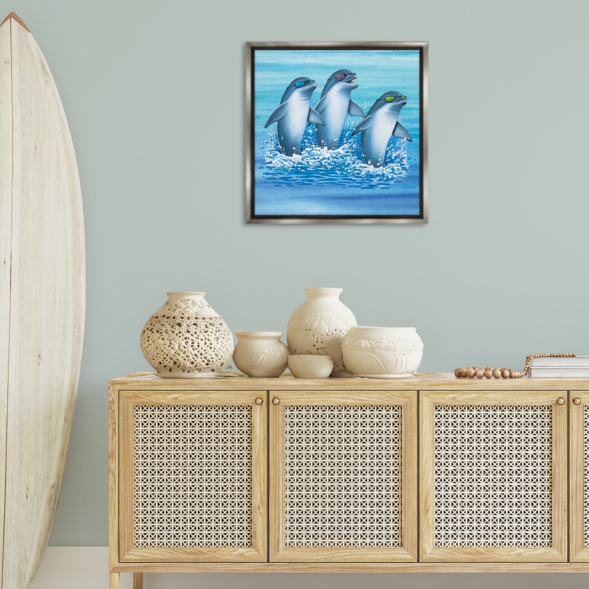 Stupell Industries Cool Dolphins Trio Animals Painting Gray Floater Framed Canvas Art Print Wall Art, 25 x 25