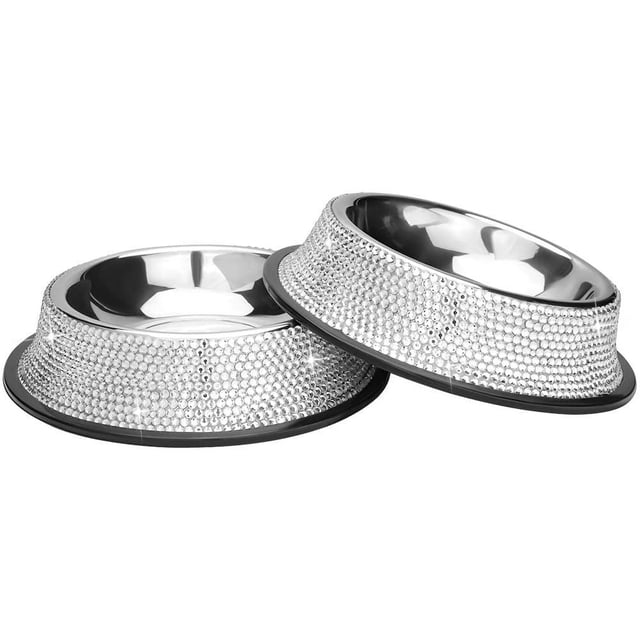 Tazón para mascotas de acero inoxidable con diamantes de imitación brillantes, comedero para perros y gatos Ormromra