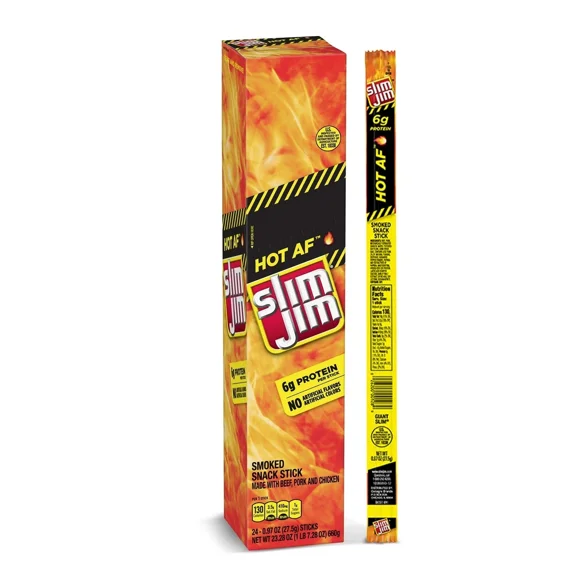 Slim Jim Giant Smoked Meat Sticks, Hot AF Flavor, 6g Protein Per Stick, 24 Count