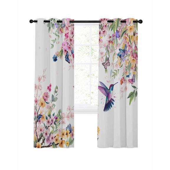 Cherry Blossoms Bird Blackout Curtains for Bedroom Living Room, Colorful Flowers Butterfly 54 In Long Thermal Insulated Room Darkening Drapes Grommet Window Treatments, 42 x 54 In