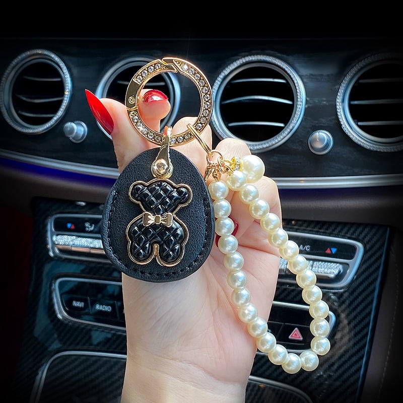 Leather Key Ring Personality Access Control Card Cover Bear Sticker Pearl Chain Keychain for Girl Woman Fashion Gift