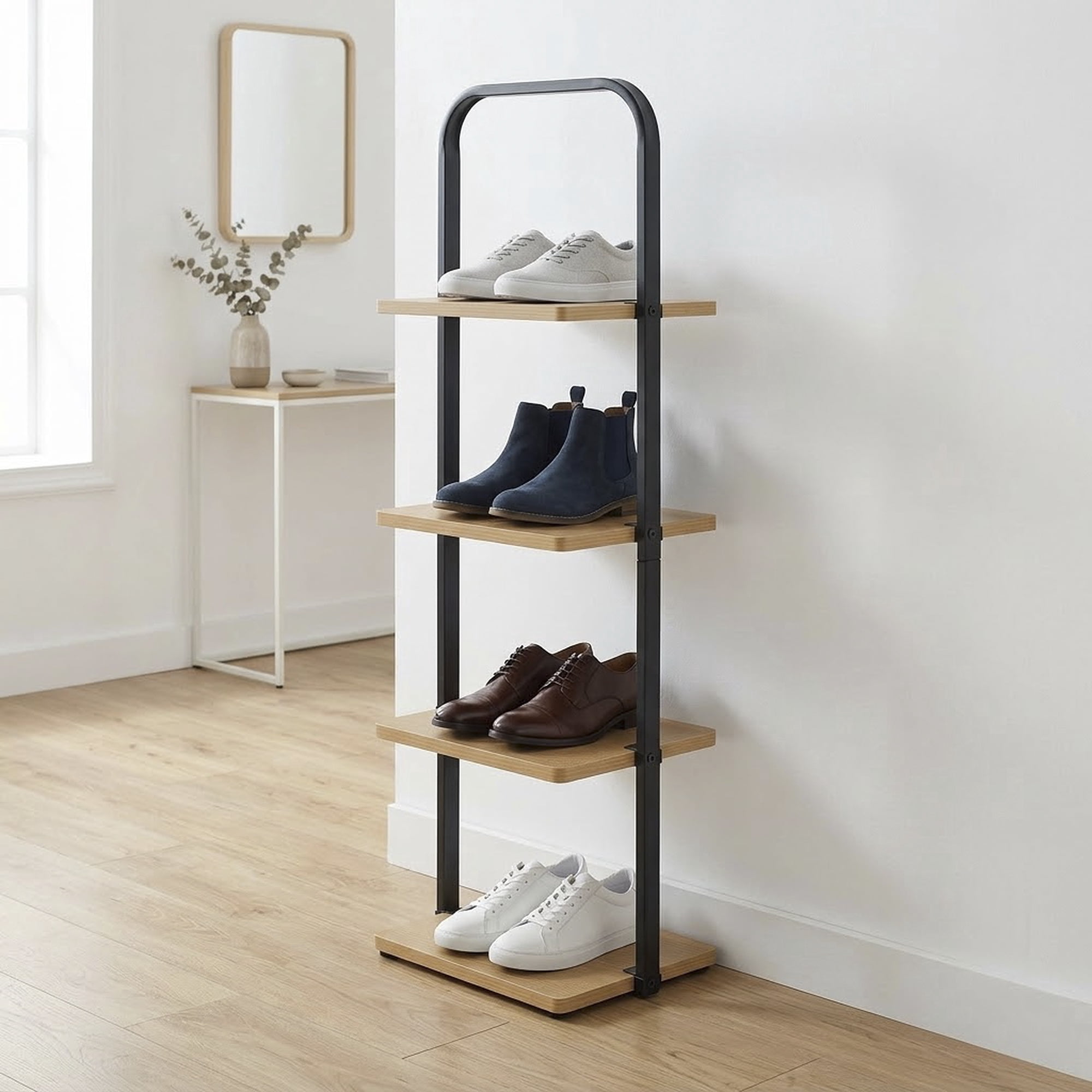 Better Homes & Gardens Juliet 4-Tier Wooden Shoe Ladder for Shoe Storage, Black and Light Honey Wood, Holds up to 4 Pairs