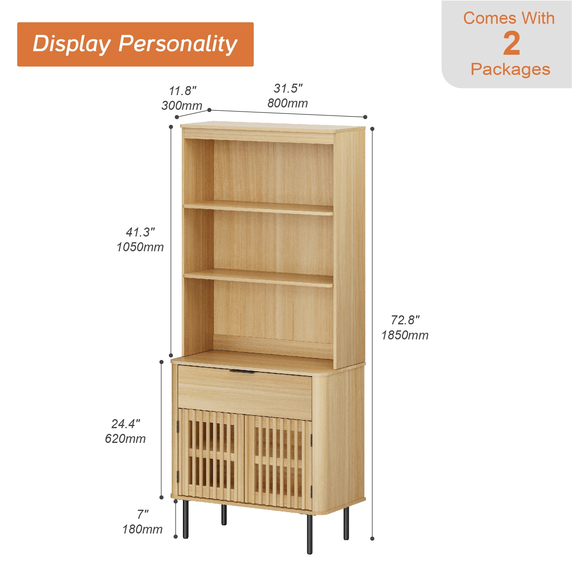 3-in-1 72.8" Fluted Pantry Cabinet with Doors & Drawer, Adjustable Shelf, Cable Mgmt, 5-Tier, Oak