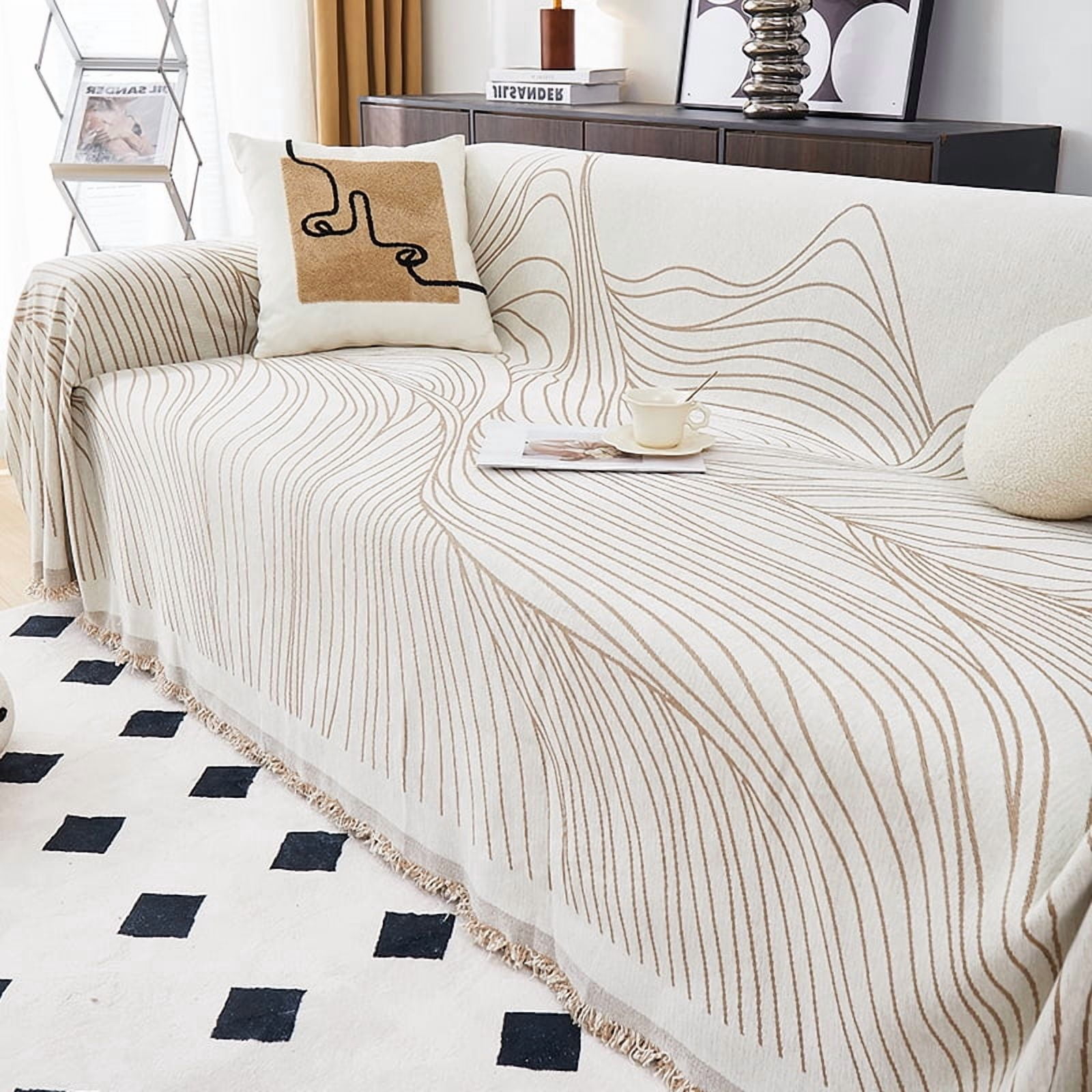 Eurhowing Boho Couch Cover for 2-3 Cushion Couch, Chenille Sofa Cover Blanket with a Pillowcase, Anti-Slip Tassel Sofa Slipcover for Pet, (71'' x 118'', Khaki Stripe)