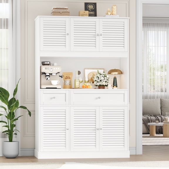 Hiphuta 70” Tall Modern Pantry Cabinet with Adjustable Shelves, Freestanding Kitchen Hutch Cabinet with Louvered Door for Dining Room, White