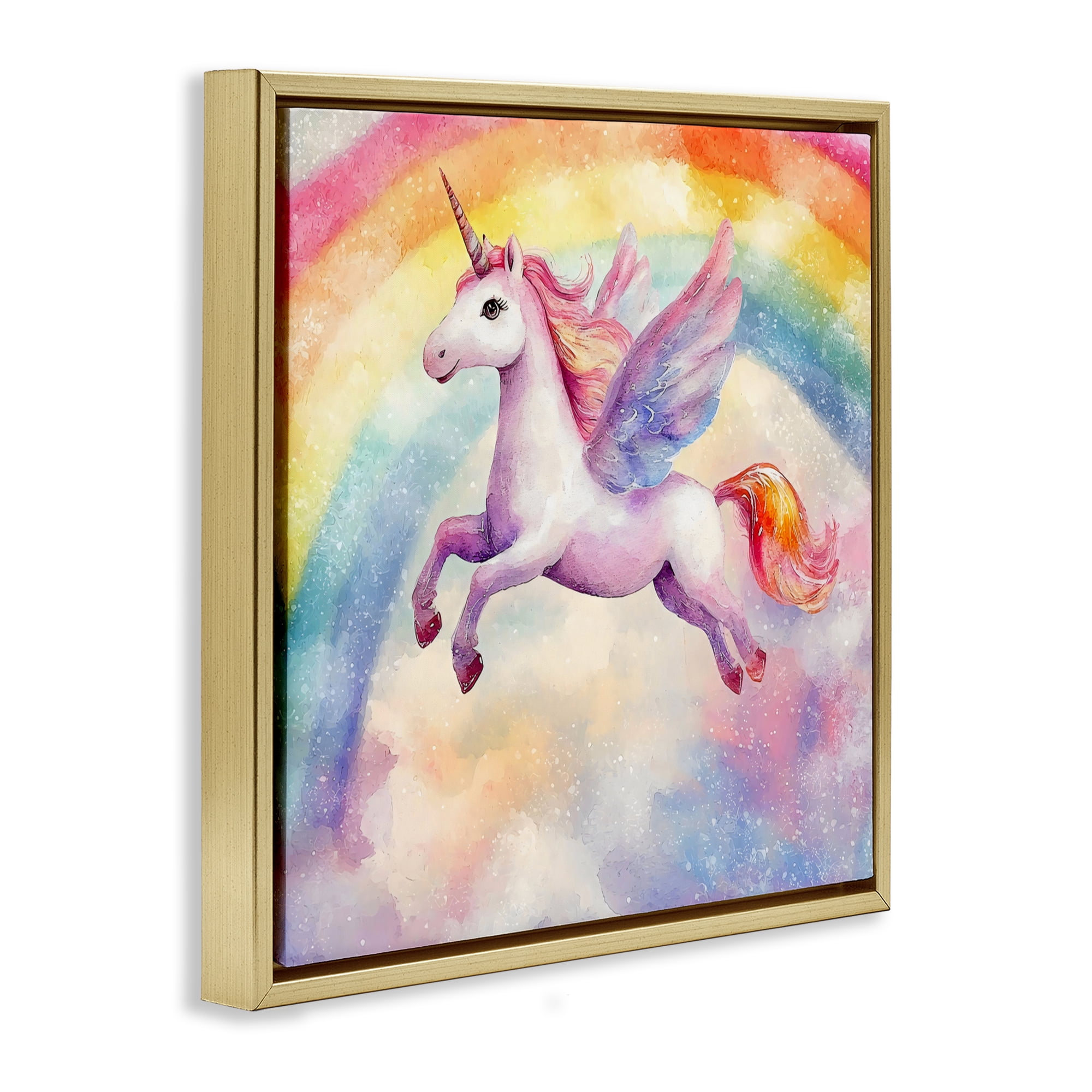 Stupell Industries Flying Unicorn In Rainbow Sky Gold Framed Floater Canvas Wall Art, design by Creative Studio