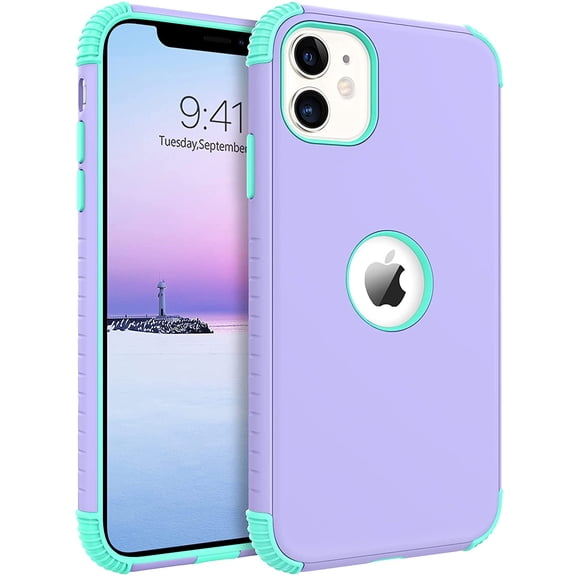for iPhone 11 Phone Case, Heavy Duty 2 in 1 Full Body Rugged Shockproof Protection Hybrid Hard PC Bumper Drop Protective Girls Women Boy Men, Purple/Mint