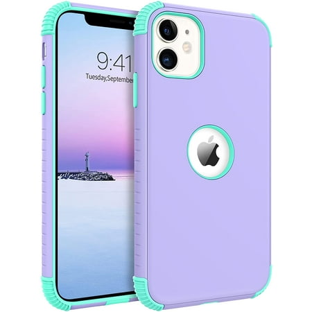 for iPhone 11 Phone Case, Heavy Duty 2 in 1 Full Body Rugged Shockproof Protection Hybrid Hard PC Bumper Drop Protective Girls Women Boy Men, Purple/Mint