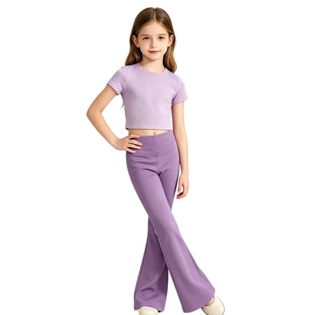 Gunia Teen Girls Flared Pants High Waist Yoga Pants Elastic Dance Leggings Sport Casual Tights Trousers Purple 13-14 Years