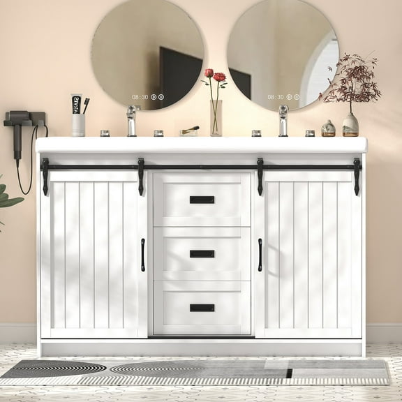 Caulitar Double Sink Bathroom Vanity, Bathroom Storage Cabinet Ceramic Basin Vanity Set, White