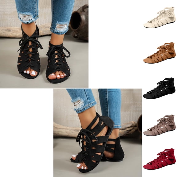 Xdegoge Sandals for Women Casual Summer Open Toe Lace Up Gladiator Sandals Suede Cutout Cage Flats Ankle Wrap Back Zipper Roman Shoes