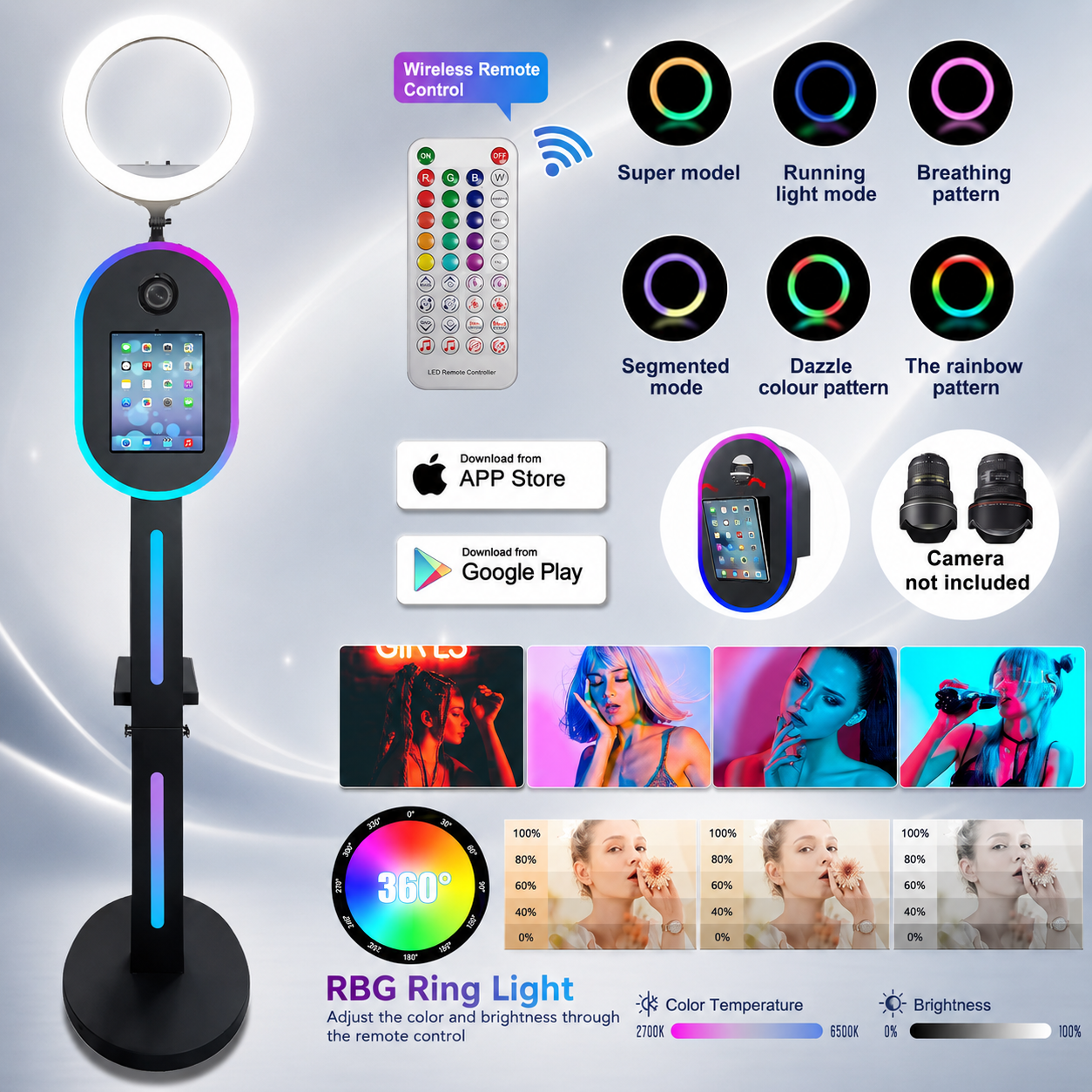 2-in-1 Photo Booth for iPad 10.2" 10.9" 11" 12.9" and DSLR Camera, RGB Ring Light Selfie Station with Music Sync, Custom Logo Light Box and Flight Case for Event Rental Business
