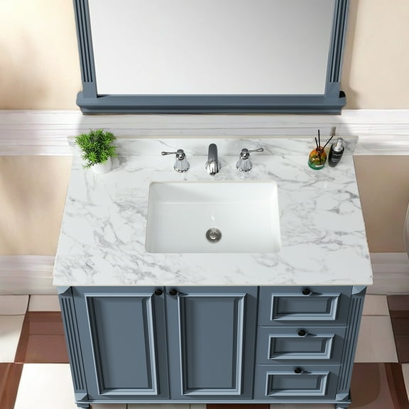 Bathroom Vanity Top 43"x22" - Sintered Stone In White, Complementary To Various Designs Sink Tops White Rectangular Ceramic Included 3 Faucet Holes And - Fits 42-in W X 21-in D Cabinets Elegant
