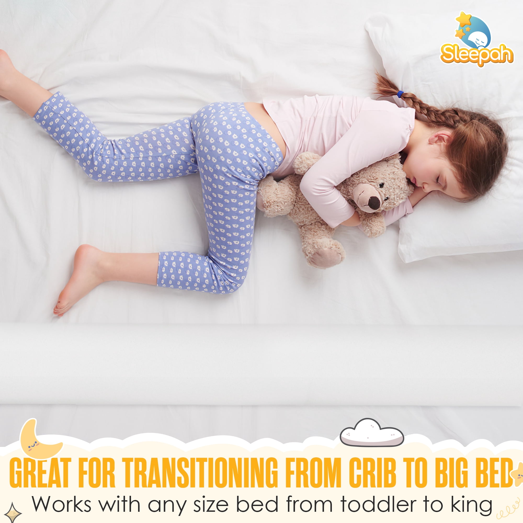 Sleepah Bed Rail for Toddlers Memory Foam Bed Bumper Guard w Dual Non-Slip Pads Waterproof Washable Removable Cover
