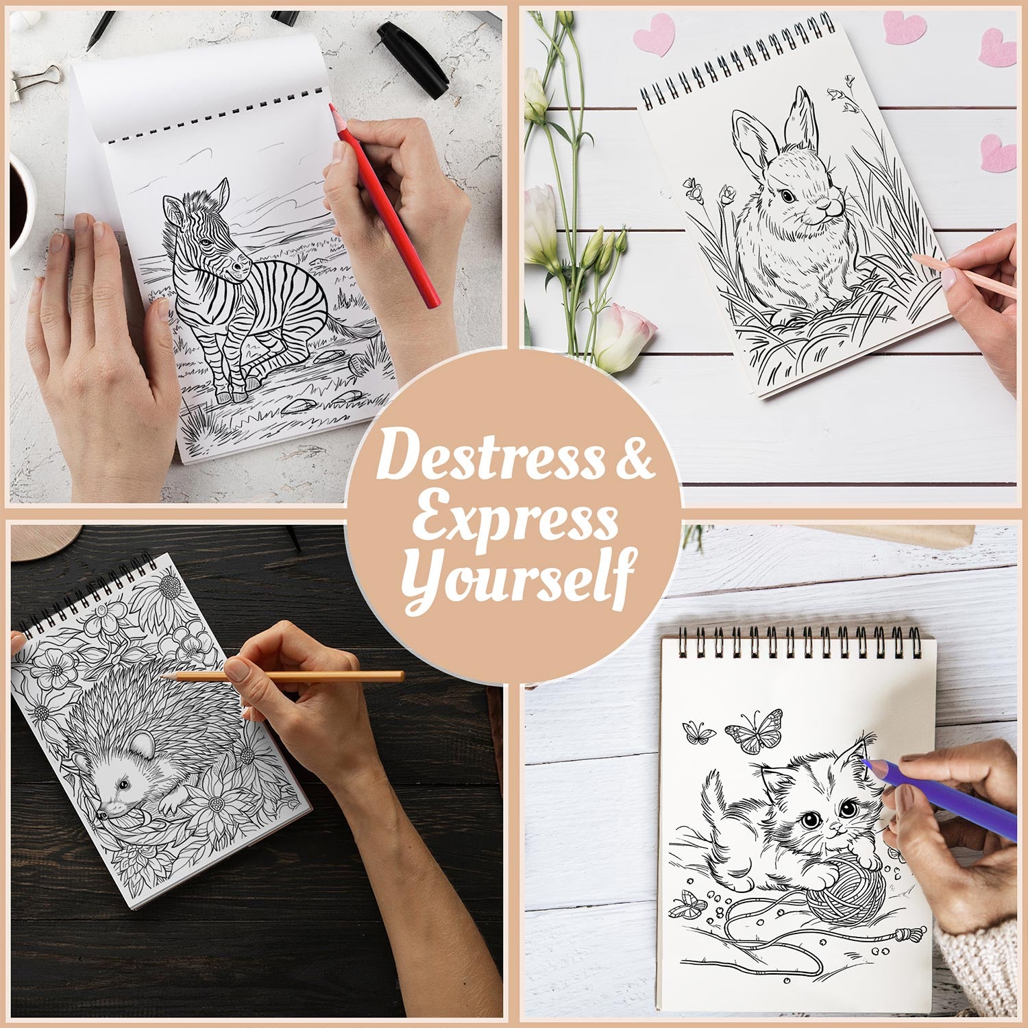 Netecom Cute Critters Coloring Book Spiral Bound for Adults, A5 Wooden Cover, 30 Cute Coloring Pages of Fluffy Animals for Stress Relief and Relaxation