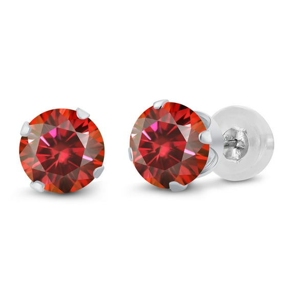 Gem Stone King 14K White Gold Stud Earrings for Women Men Round Red Moissanite (2.00 Cttw)