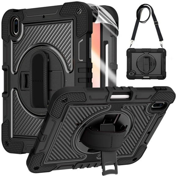 Dteck for iPad A16 11th Generation Case 2025 with Screen Protector, for iPad 10th Gen 10.9 inch Case with Crossbody Shoulder/Hand Strap Rotatable Stand, Heavy Duty Shockproof Rugged Shell,Black