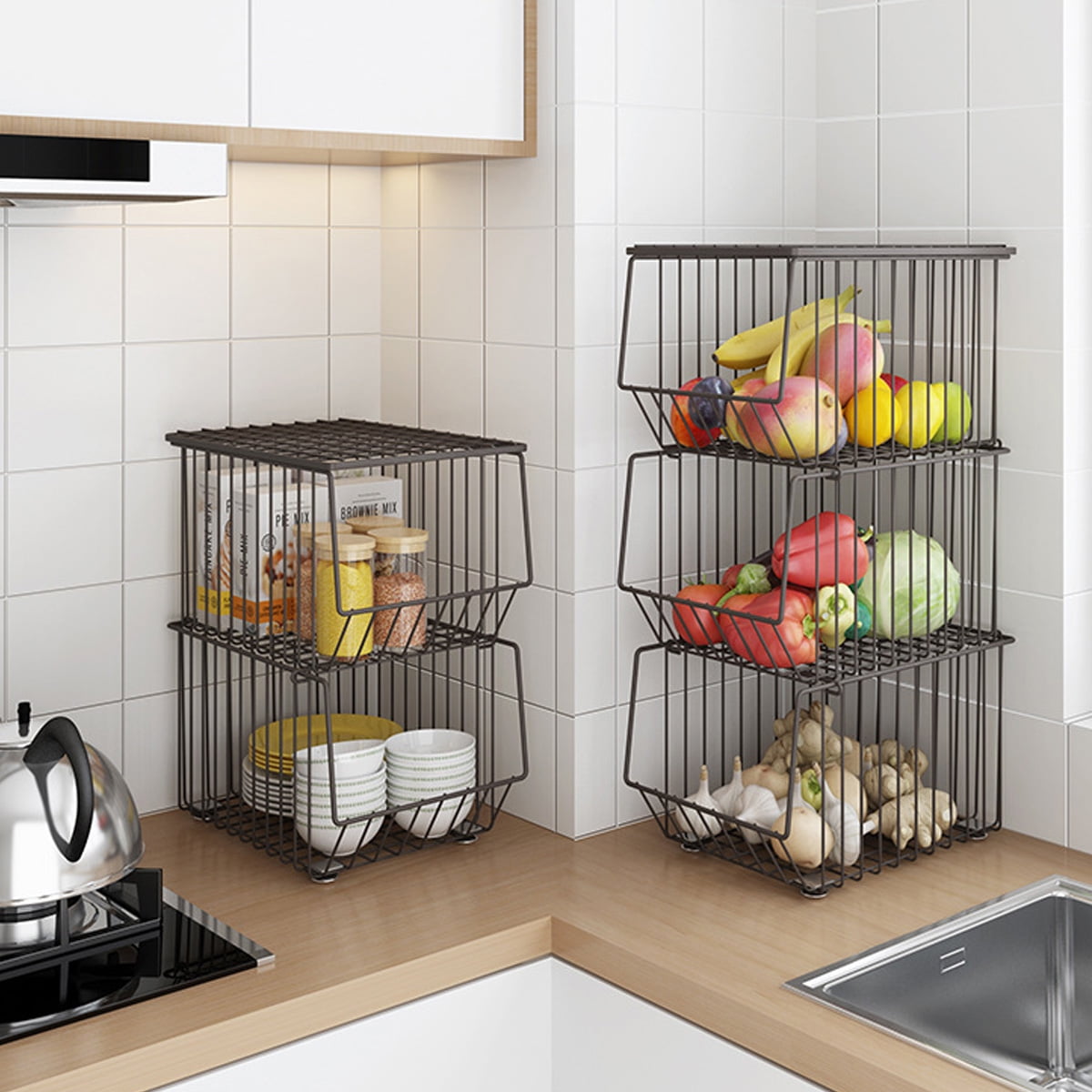 Industrial 4-Tier Vegetable and Fruit Storage Rack Stand,Potato and Onion  Bin with Storage,Wood Shelf Unit Snack Stand - Bed Bath & Beyond - 37101956