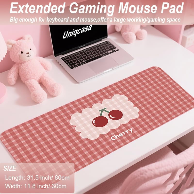 Gaming Mouse Pad 31.5x11.8 inch XL Large Extended Mouse Pad, Big Mousepad Desk Mat for Computer with Non-Slip Rubber Base and Stitched Edge-Checkered Cherry