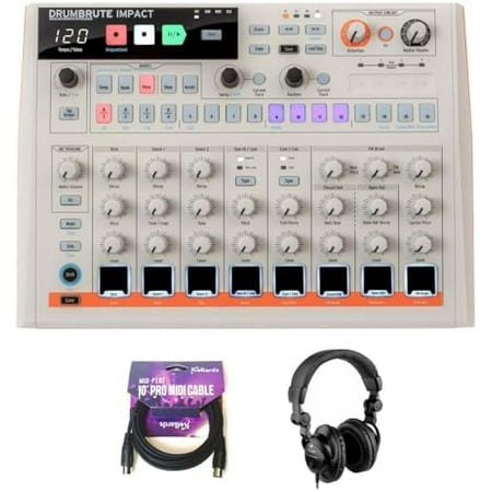 Arturia DrumBrute Impact 1984 Analog Drum Machine - White Bundle with Polsen HPC-A30 Closed-Back Studio Monitor Headphones, MID-P10T Pro MIDI to MIDI Cable 10 Feet