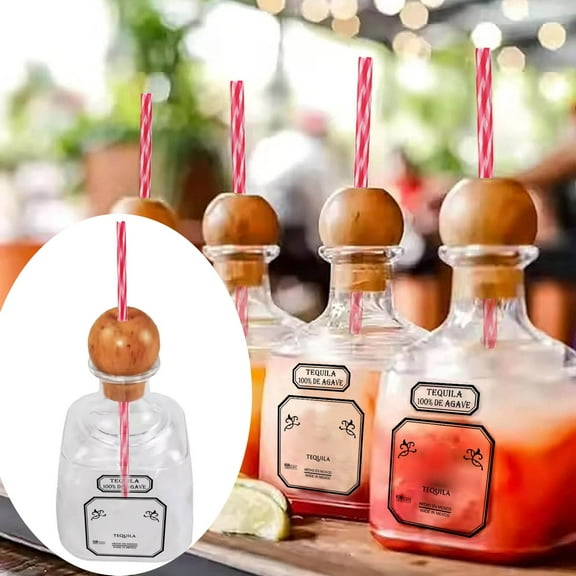 Reusable Patron Liquor Bottle Cups with Straw, Clear Cup with Straw Hole, Mini Empty Tequila Bottles for Drinks, Bottles 375ml