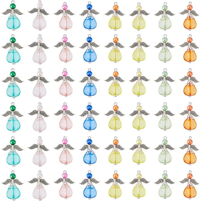 8 colores, 48 piezas de dijes de alas de ángel, colgantes acrílicos de ángel guardián, dijes colgantes con cuentas de alas de hada a granel con fornituras de aleación.