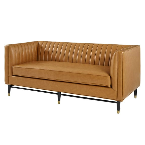 Loveseat Sofa, Faux Vegan Leather, Tan, Modern Contemporary Urban Design, Living Lounge Room Hotel Lobby Hospitality