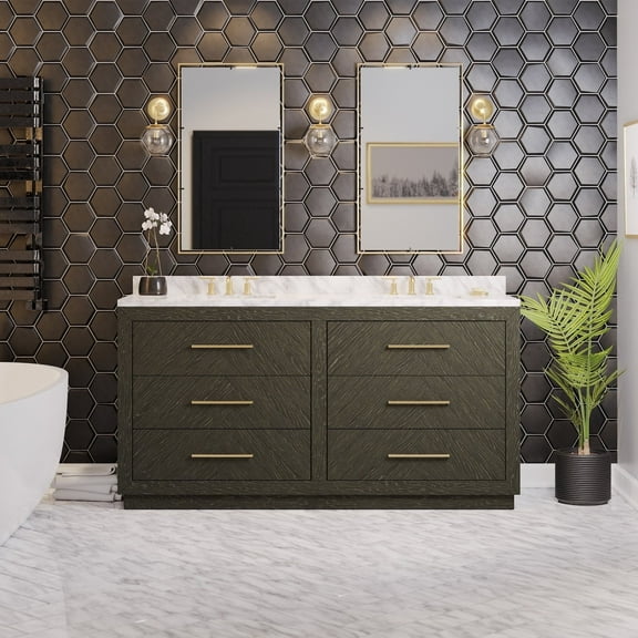 Avery 72" Double Bathroom Vanity with Dark Oak Cabinet and Carrara Marble Top