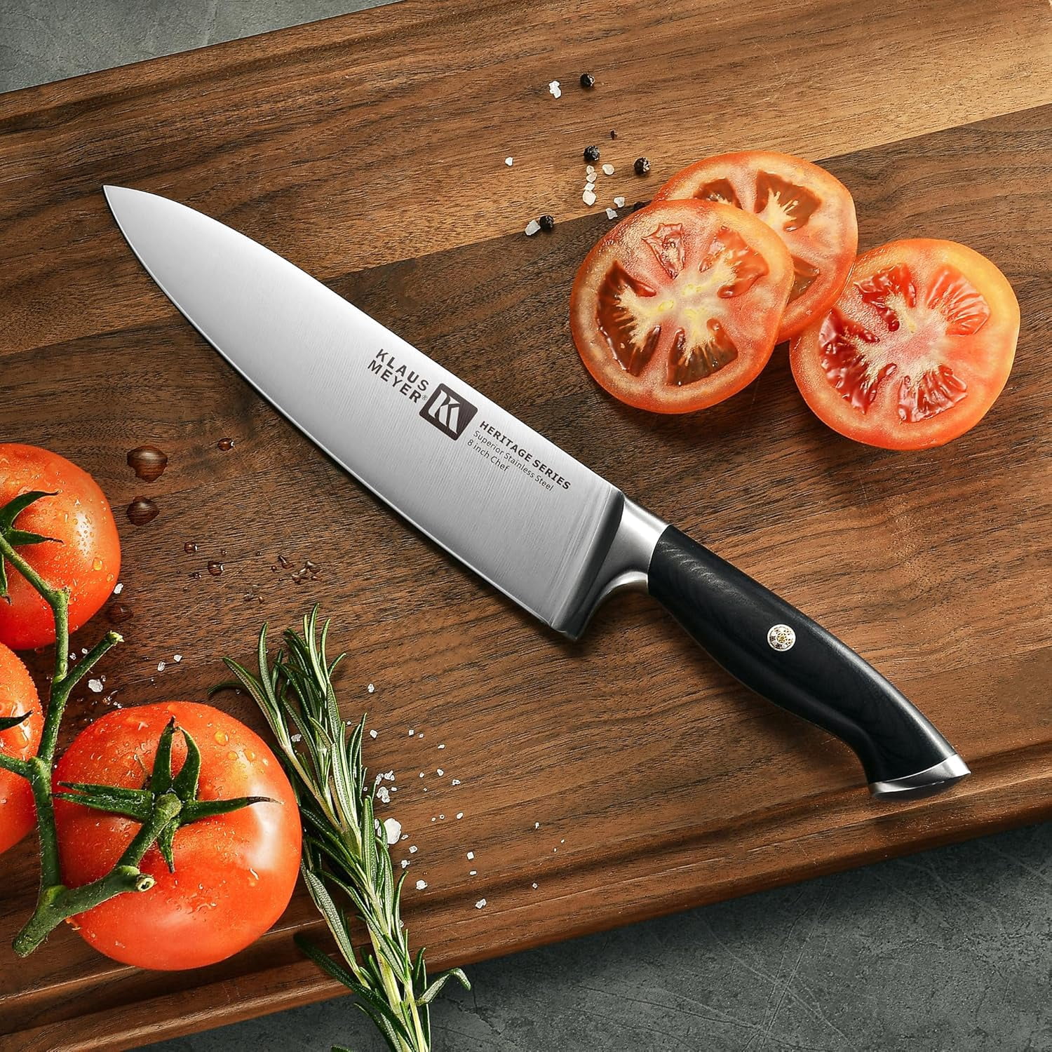 Klaus Meyer 8-Piece Kitchen Knife Set, German High Carbon Steel Pakka Wood Handle Chef Knife Set With Block, Ultra Sharp With Scissors, Sharpener Rod.