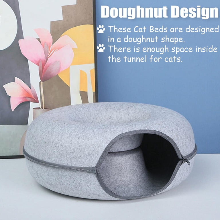 MOMOGA Cat Tunnel Bed - Large Peekaboo Donut Cave For Cats Up To 24 Lbs, Scratch Resistant & Washable (Light Grey)