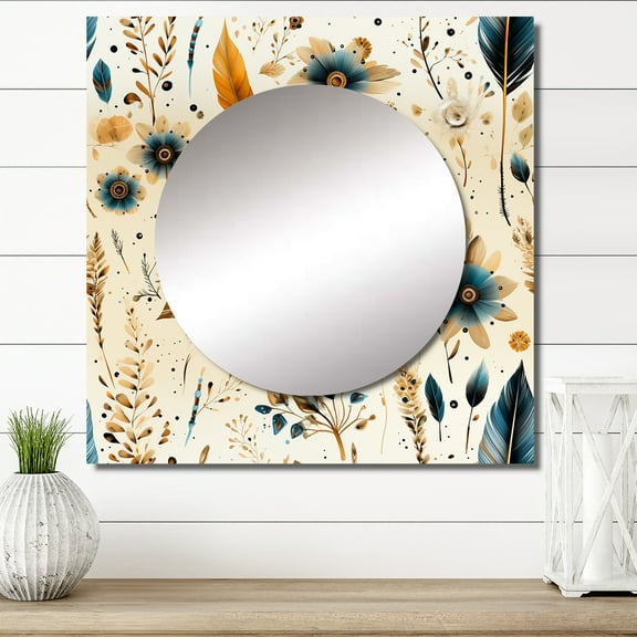 Designart "Gypsy Rustic Fusion" Floral Square Mirror For Wall Decor - Large Brown Square Printed Wall Mirror Art - Square Cottage Mirror - Wall Mounted Square Large Mirror
