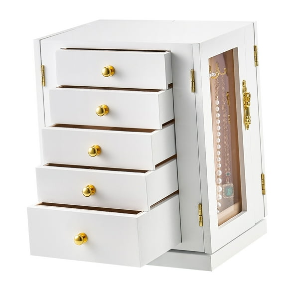 KFFKFF 360° Rotating Jewelry Organizer with 5 Drawers, Clear Acrylic Window, 4 Necklace Hooks on Each Side, Large Storage Case with Metal Handles, Non-Slip Base, and Soft Velvet Interior, White