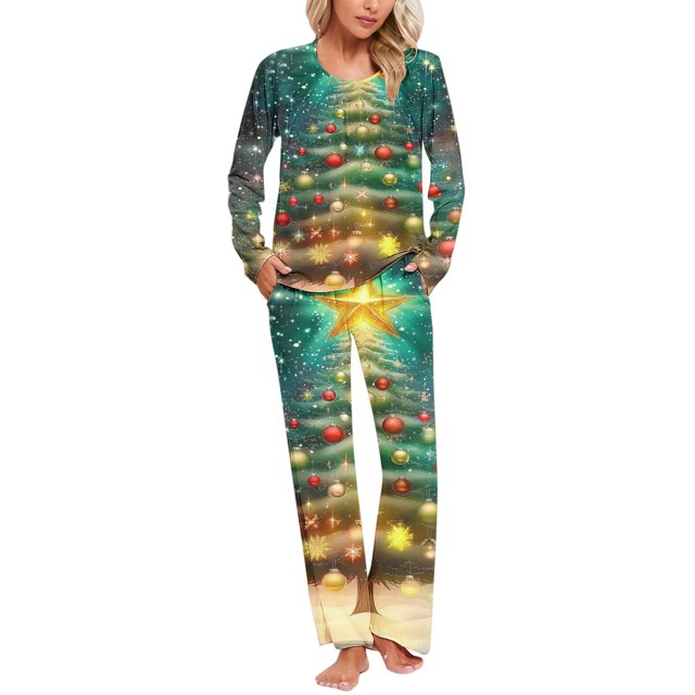 Puntoco Pijamas para mujer, conjunto de pijamas con estampado navideño, cuello redondo, bolsillo, pantalones y ropa para el hogar