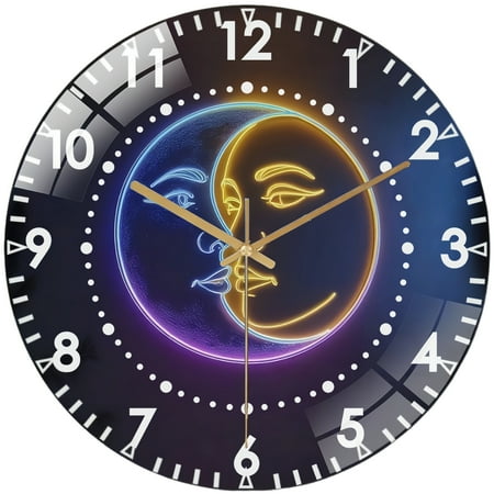Decorative Clocks: Moon And Sun Neon Glass Wall Clock, Moon Room Decor Wall Clock for Homes, Bars, Offices, Man Caves, Garages, And Living Rooms .Also Makes A Great Gift. Style 12×12inch(30×30cm)