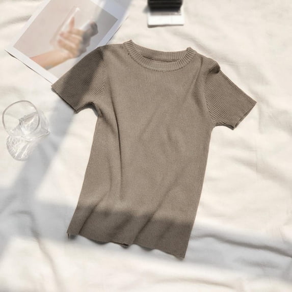 JANDEL Women's Korean Style Fashion O Neck Solid Short Sleeve Knitted Sexy Slim Pullover T-Shirt, Coffee, One Size