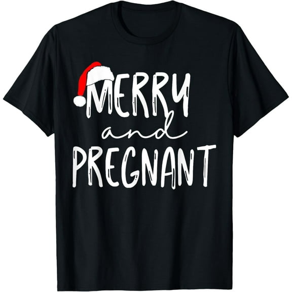 Premium model-Unisex-100% cotton-Merry and Pregnant Santa Hat Xmas Pregnancy Announcement T-Shirt