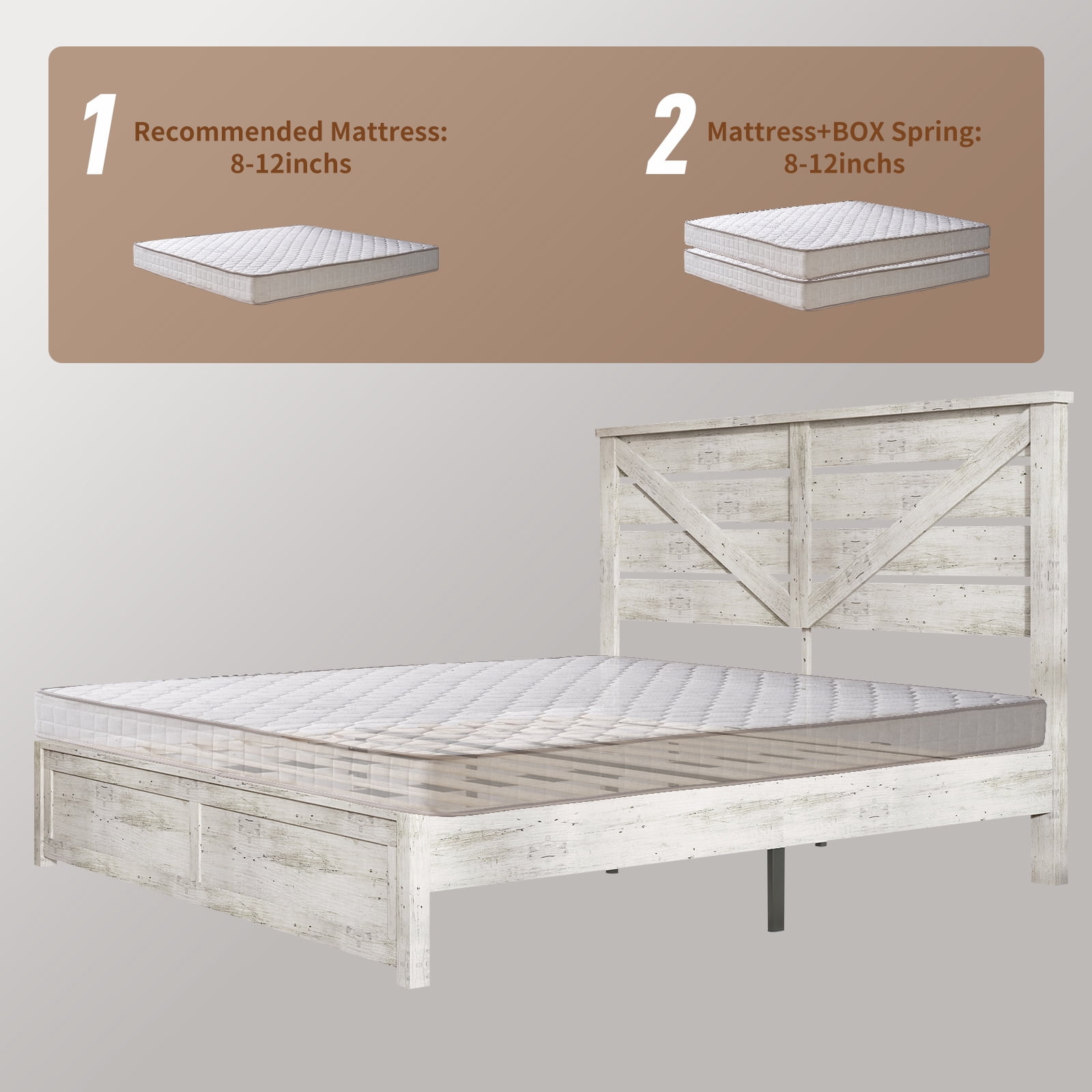 VanAcc King Size Platform Bed Frame with Wood Grain Headboard, Farmhouse Bed Frame with Storage/No Box Spring Needed/Noisy Free/Easy Assembly/White