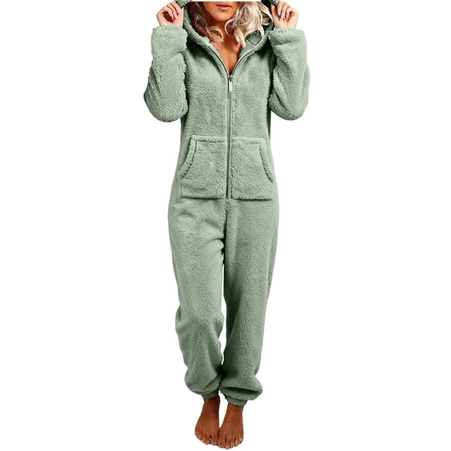 RXMEKW Combinaison à Capuche en Polaire Pyjama pour Femmes Manches Longues Tenue de Maison Fermeture Éclair devant Vert Armée Uni