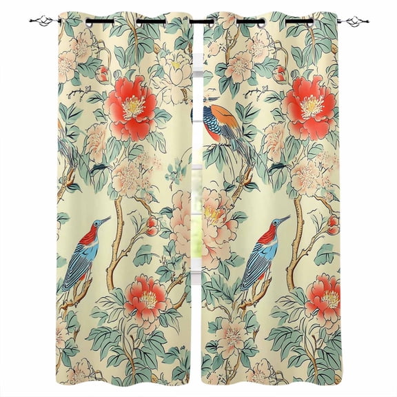 Fsddascl Red Pink Floral Blackout Curtains for Bedroom/Living Room, Thermal Insulated Kitchen Curtains, Vintage Watercolor Bird Flower Leaf Plant Grommet Darkening Window Treatment Drapes 42"x84"x2